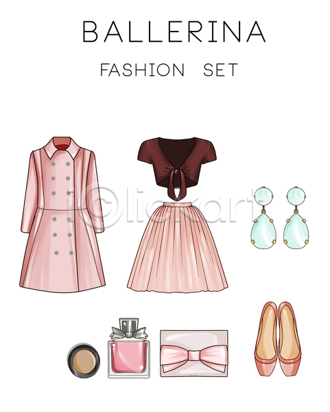 사람없음 JPG 일러스트 해외이미지 구두 귀걸이 분홍색 상의 엘리먼트 지갑 치마 코트 패션 화장품