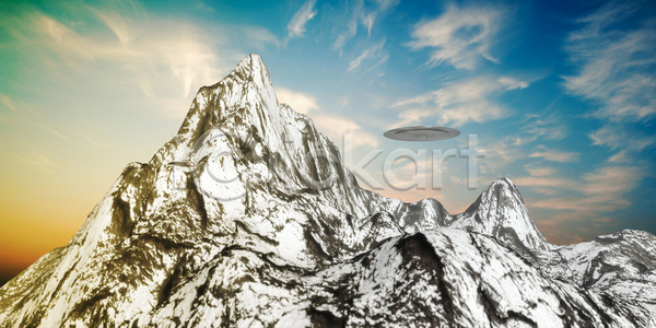 미래 신비 사람없음 3D JPG 일러스트 포토 해외이미지 UFO 공상 과학 만들기 백그라운드 산 오브젝트 외계인 우주 우주선 컵받침 하늘 해외202004 해외포토