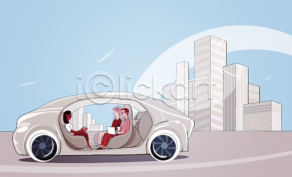 스마트 남자 성인 세명 여자 PSD 일러스트 4차산업 AI(인공지능) 기계 도시 로봇 모빌리티 미래자동차 앉기 자동 자동차 자율주행 전신