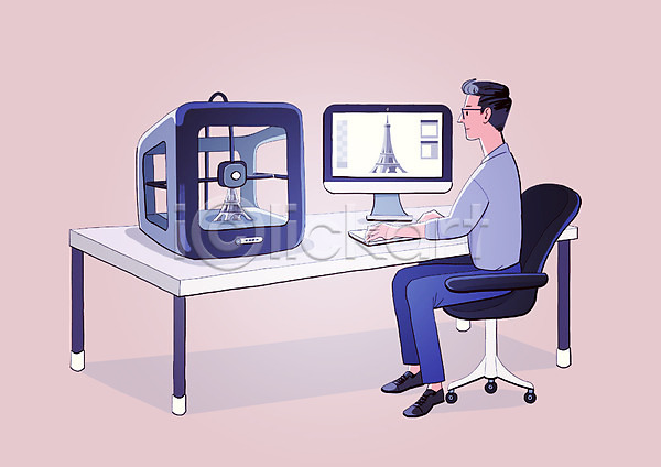 스마트 남자 성인 한명 PSD 일러스트 3D프린터 4차산업 AI(인공지능) 기계 로봇 앉기 에펠탑 의자 전신 책상 컴퓨터