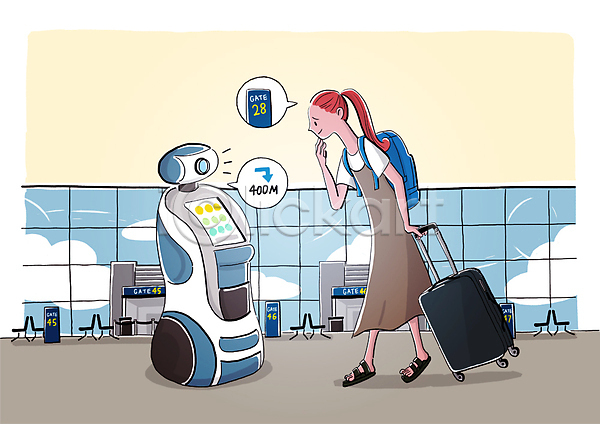 스마트 성인 여자 한명 PSD 일러스트 4차산업 AI(인공지능) 게이트 공항 기계 길찾기 로봇 안내 위치 전신 캐리어