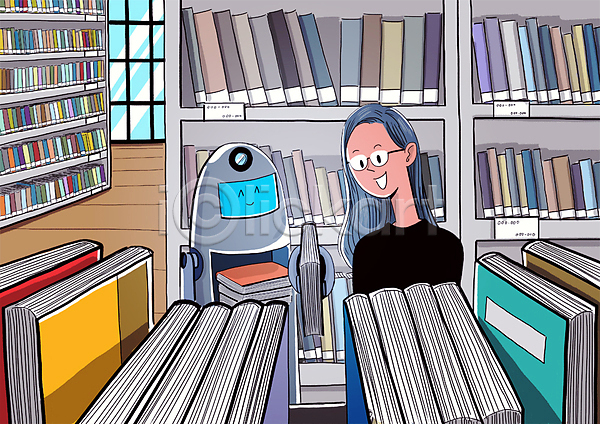 도움 스마트 성인 여자 한명 PSD 일러스트 4차산업 AI(인공지능) 기계 도서관 로봇 상반신 정리 책 책장
