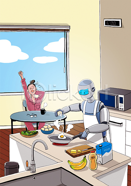 스마트 성인 여자 한명 PSD 일러스트 4차산업 AI(인공지능) 가정부 계란 기계 로봇 상반신 아침식사 전자레인지 주방 창문