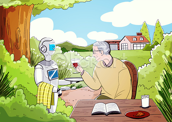 스마트 남자 노년 한명 PSD 일러스트 4차산업 AI(인공지능) 가정부 기계 나무 로봇 상반신 앉기 와인 은퇴 잔디 주택 책 향초