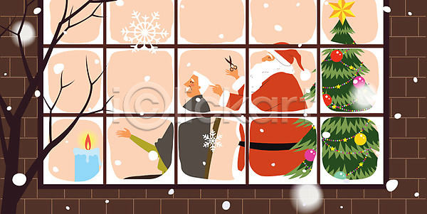 남자 노년 두명 AI(파일형식) 일러스트 겨울 나무 눈(날씨) 눈꽃 머리 머리다듬기 산타클로스 상반신 창문 촛불 크리스마스 크리스마스트리