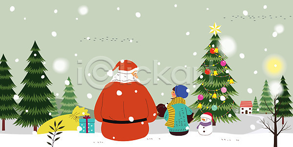 남자 두명 성인 어린이 AI(파일형식) 일러스트 겨울 나무 눈(날씨) 눈사람 산타클로스 상반신 선물 앉기 주택 크리스마스 크리스마스트리