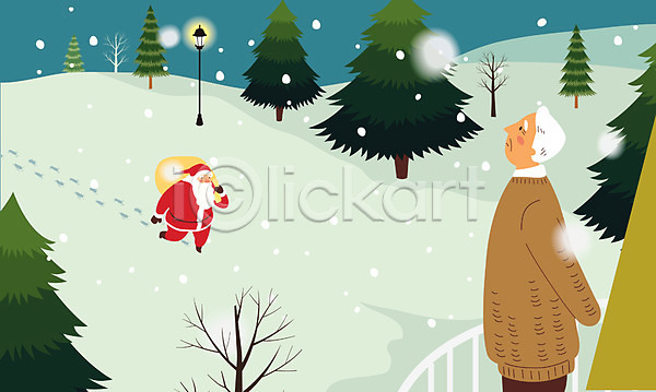 남자 노년 두명 AI(파일형식) 일러스트 가로등 겨울 나무 눈(날씨) 들기 발자국 산타클로스 상반신 서기 선물 응시 전신 크리스마스