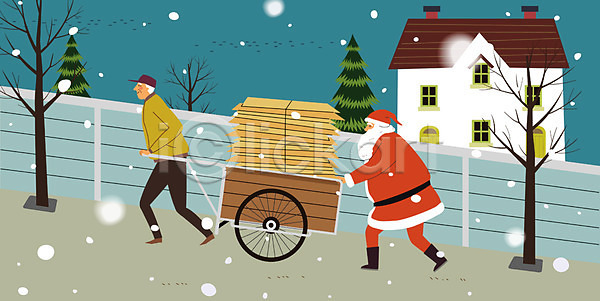 도움 남자 노년 두명 AI(파일형식) 일러스트 겨울 나무 눈(날씨) 산타클로스 상자 수레 수레끌기 오르막 전신 주택 크리스마스 폐지