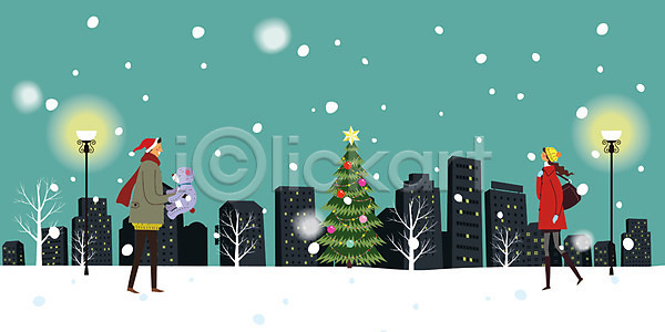 남자 두명 성인 여자 AI(파일형식) 일러스트 가로등 건물 겨울 나무 눈(날씨) 빌딩 서기 전신 커플 크리스마스 크리스마스트리