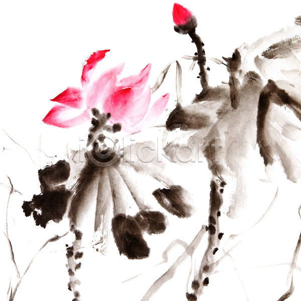 사람없음 JPG 포토 해외이미지 그림 동양화 먹 미술 번짐 붓터치 빨간색 연꽃(꽃) 해외202004