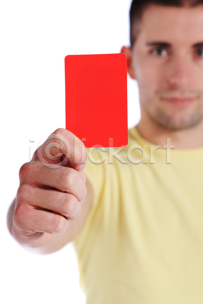 남자 백인 사람 청소년 한명 JPG 포토 해외이미지 경고 고립 빨간색 신용카드 심판 운동 유럽 자르기 제어 해외202004 흰배경 흰색