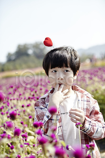 귀여움 남자 소년한명만 어린이 한국인 한명 JPG 앞모습 포토 꽃밭 머리핀 상반신 서기 솜사탕 야외 어린이라이프 주간 하트