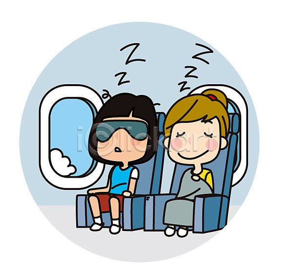 두명 성인 여자 AI(파일형식) 일러스트 기내 비행기 안대 앉기 여행 유럽 잠 전신 친구 해외여행
