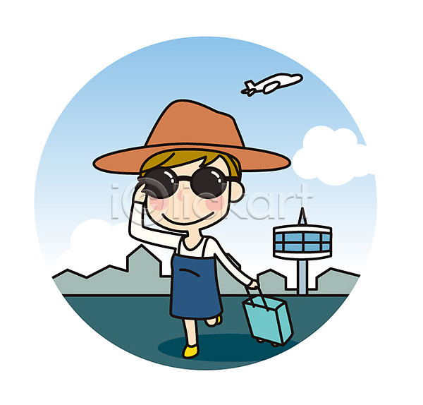 성인 여자 한명 AI(파일형식) 일러스트 걷기 관제탑 비행기 선글라스 여행 유럽 전신 캐리어 해외여행