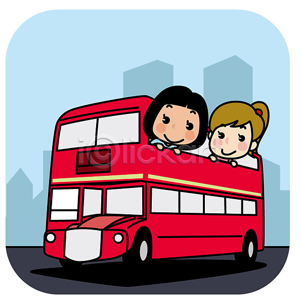 두명 성인 여자 AI(파일형식) 일러스트 버스 상반신 여행 영국 유럽 이층버스 친구 해외여행