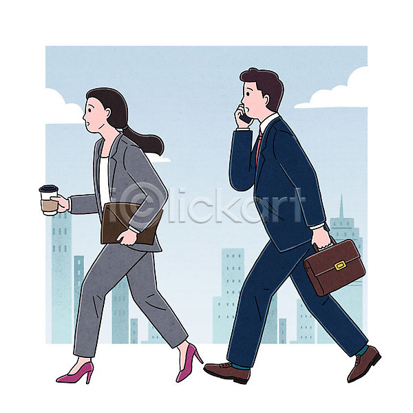 남자 두명 성인 여자 PSD 일러스트 달리기 들기 비즈니스라이프 비즈니스맨 비즈니스우먼 빌딩 업무 전신 직장인 커피 회사