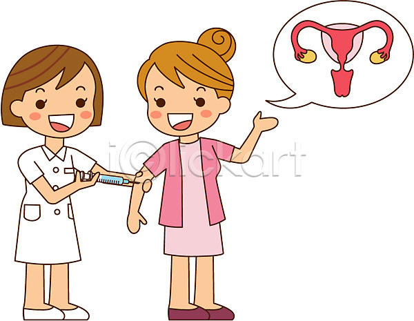 두명 성인 여자 AI(파일형식) 일러스트 간호사 서기 예방 예방접종 자궁 자궁경부암 전신 주사기 질병