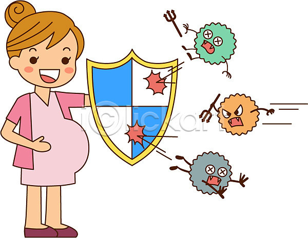성인 여자 한명 AI(파일형식) 일러스트 바이러스 박테리아 방패 서기 예방 예방접종 임산부 전신 질병