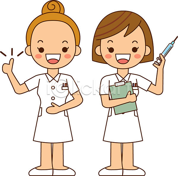 두명 성인 여자 AI(파일형식) 일러스트 간호사 들기 서기 서류판 예방 예방접종 전신 주사기 질병 최고