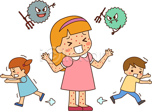 고통 남자 세명 어린이 여자 AI(파일형식) 일러스트 바이러스 수두 예방 예방접종 전신 질병 피하기