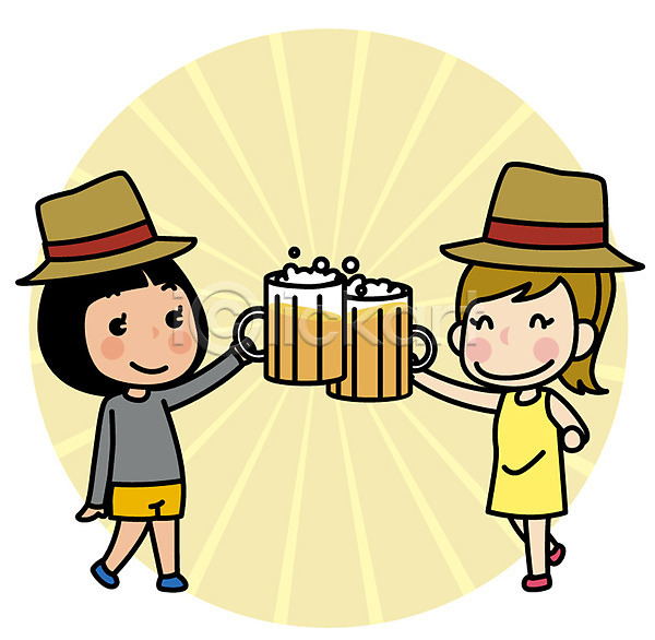 우정 두명 성인 여자 AI(파일형식) 일러스트 건배 독일 맥주 서기 여행 유럽 유럽여행(여행) 전신 친구