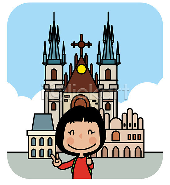 성인 여자 한명 AI(파일형식) 일러스트 건물 교회 벨기에 브이 상반신 여행 유럽 유럽여행(여행)