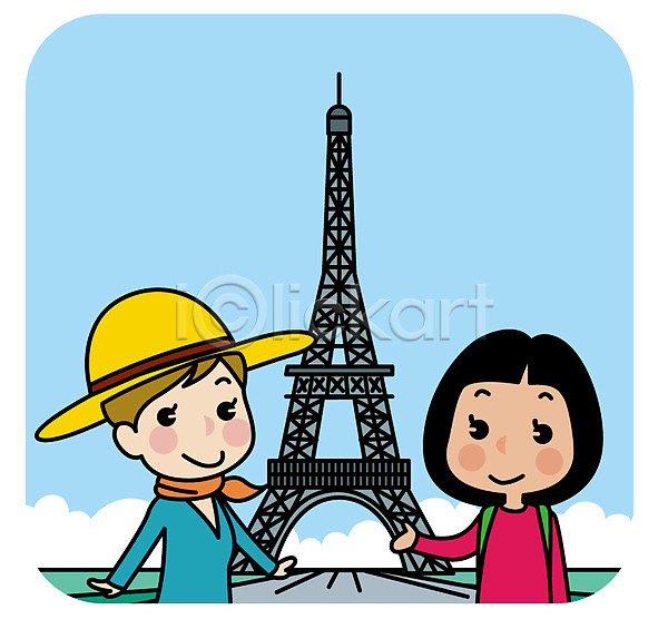 우정 두명 성인 여자 AI(파일형식) 일러스트 상반신 서기 에펠탑 여행 유럽 유럽여행(여행) 친구