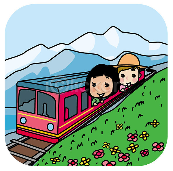 우정 두명 성인 여자 AI(파일형식) 일러스트 산 산악열차 상반신 스위스 여행 유럽 유럽여행(여행) 친구