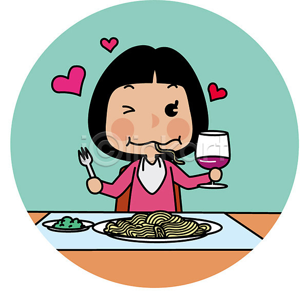 성인 여자 한명 AI(파일형식) 일러스트 맛있는 먹기 상반신 스파게티 여행 와인 유럽 유럽여행(여행) 이탈리아