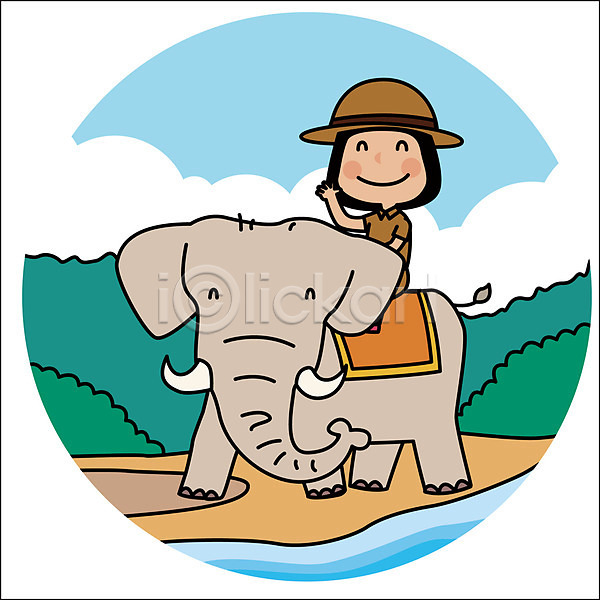 성인 여자 한명 AI(파일형식) 일러스트 동물 상반신 세계여행 숲 아프리카 야외 여행 코끼리 코끼리트래킹 한마리