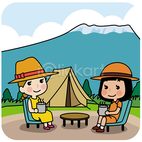 우정 체험 휴식 두명 성인 여자 AI(파일형식) 일러스트 산 세계여행 아프리카 앉기 야외 여행 음료 전신 친구 캠핑 커피 텐트