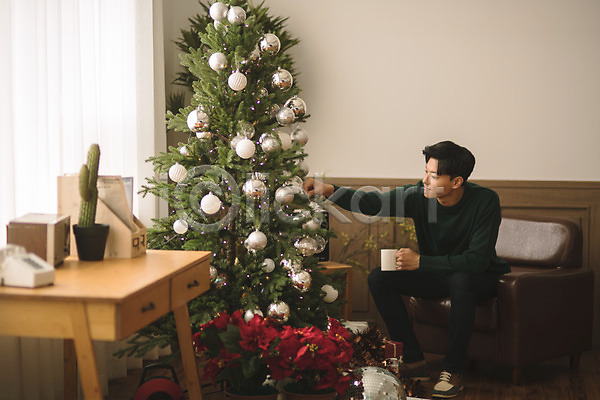휴식 20대 남자 성인 성인남자한명만 한국인 한명 JPG 아웃포커스 앞모습 포토 거실 들기 선인장 소파 실내 앉기 응시 전신 책상 커피잔 크리스마스 크리스마스트리