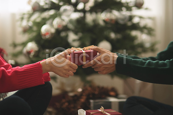 다정 20대 30대 남자 두명 성인 성인만 신체부위 여자 한국인 JPG 아웃포커스 포토 들기 상반신 선물 손 실내 앉기 커플 크리스마스 크리스마스트리