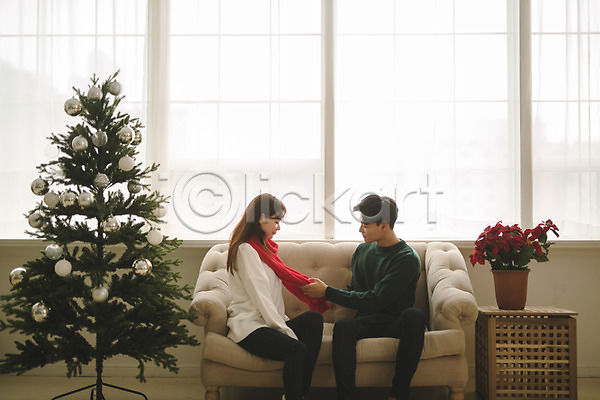 다정 20대 30대 남자 두명 성인 성인만 여자 한국인 JPG 앞모습 옆모습 포토 거실 목도리 미소(표정) 상반신 소파 실내 앉기 응시 커플 크리스마스 크리스마스트리 화분