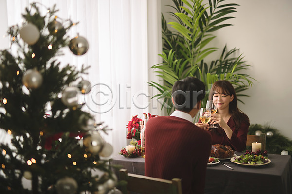 다정 20대 30대 남자 두명 성인 성인만 여자 한국인 JPG 뒷모습 아웃포커스 앞모습 포토 미소(표정) 상반신 식탁 실내 앉기 와인 음식 응시 커플 크리스마스 크리스마스트리 화분