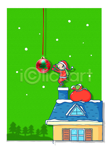 남자 한명 AI(파일형식) 일러스트 눈(날씨) 보따리 산타클로스 장식볼 주택 지붕 크리스마스 크리스마스장식