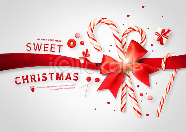 달콤 사람없음 PSD 편집이미지 리본 빨간색 사탕 선물상자 지팡이사탕 크리스마스