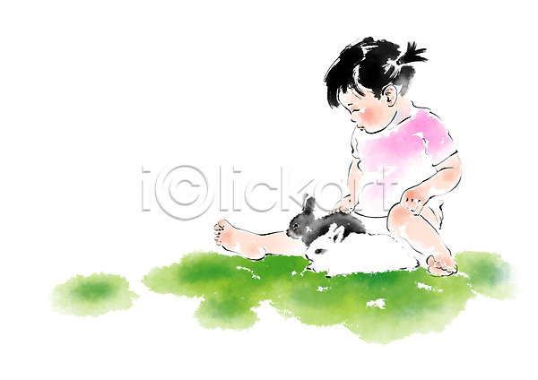 귀여움 아기 여자 한명 PSD 일러스트 두마리 앉기 초원(자연) 캘리그라피 토끼