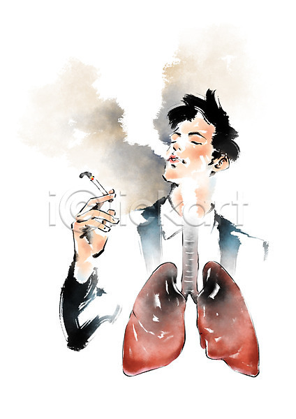 남자 성인 한명 PSD 일러스트 건강 건강관리 금연 담배 상반신 질병 캘리그라피 폐암 허파 흡연