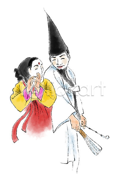 남자 두명 성인 여자 PSD 일러스트 가면 가면극 부부 부채 상반신 양반 전통공연 캘리그라피 한국문화 한국전통 한복