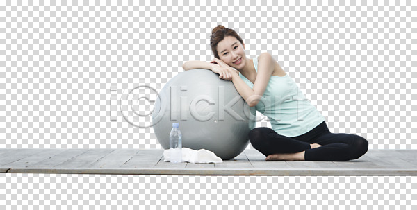 20대 성인여자한명만 여자 한국인 한명 PNG 앞모습 편집이미지 기댐 물병 수건 앉기 운동 운동복 웃음 전신 짐볼 편집 편집소스