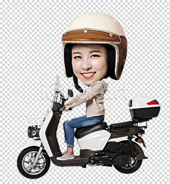 20대 여자 한국인 한명 PNG 옆모습 편집이미지 SD캐릭터 스쿠터 앉기 웃음 전신 편집 편집소스 헬멧