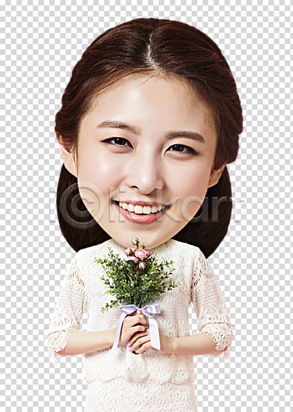 20대 여자 한국인 한명 PNG 앞모습 편집이미지 SD캐릭터 꽃다발 들기 상반신 웃음 편집 편집소스