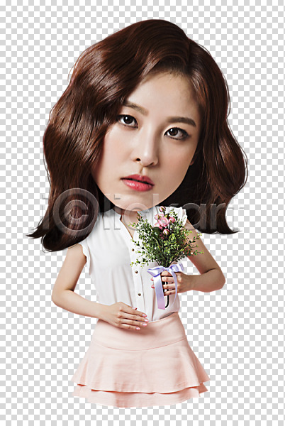 20대 여자 한국인 한명 PNG 앞모습 편집이미지 SD캐릭터 꽃다발 들기 상반신 편집 편집소스