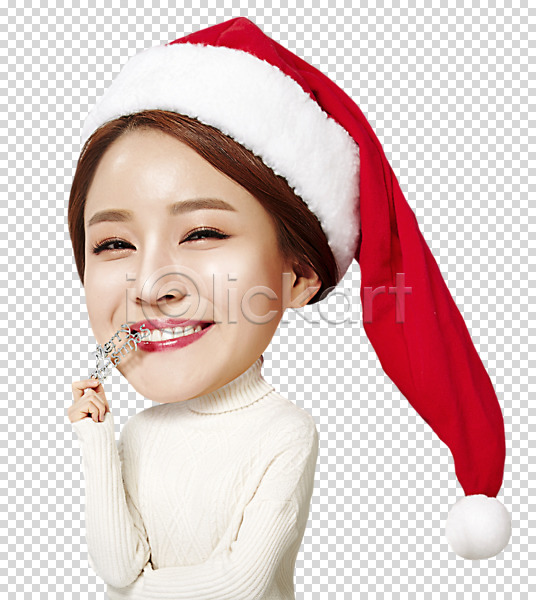 20대 여자 한국인 한명 PNG 앞모습 편집이미지 SD캐릭터 들기 산타모자 상반신 웃음 의료성형뷰티 이벤트 크리스마스 편집 편집소스