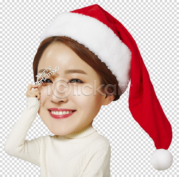 20대 여자 한국인 한명 PNG 앞모습 편집이미지 SD캐릭터 들기 산타모자 상반신 웃음 의료성형뷰티 이벤트 크리스마스 편집 편집소스