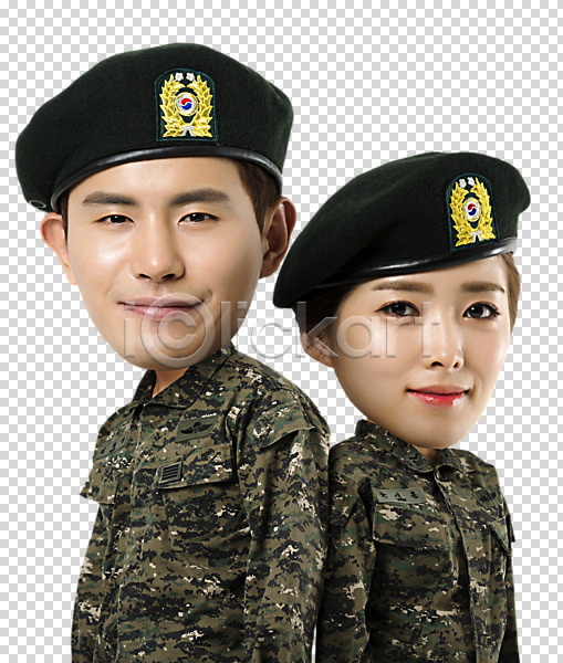 20대 남자 두명 여자 한국인 PNG 앞모습 편집이미지 SD캐릭터 군모 군복 군인 상반신 웃음 편집 편집소스