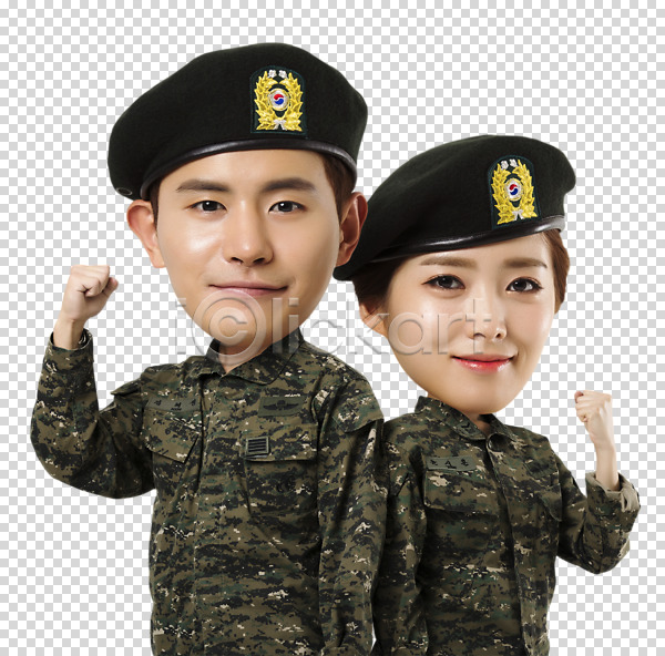 20대 남자 두명 여자 한국인 PNG 앞모습 편집이미지 SD캐릭터 군모 군복 군인 상반신 웃음 파이팅 편집 편집소스