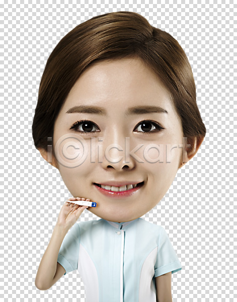 20대 여자 한국인 한명 PNG 앞모습 편집이미지 SD캐릭터 간호사 들기 상반신 온도계 웃음 체온계 편집 편집소스