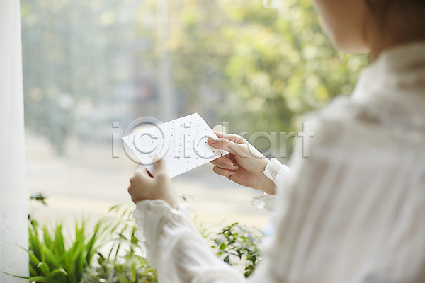 20대 성인 성인여자한명만 신체부위 여자 한명 JPG 뒷모습 아웃포커스 포토 들기 손 식물 실내 편지 편지봉투